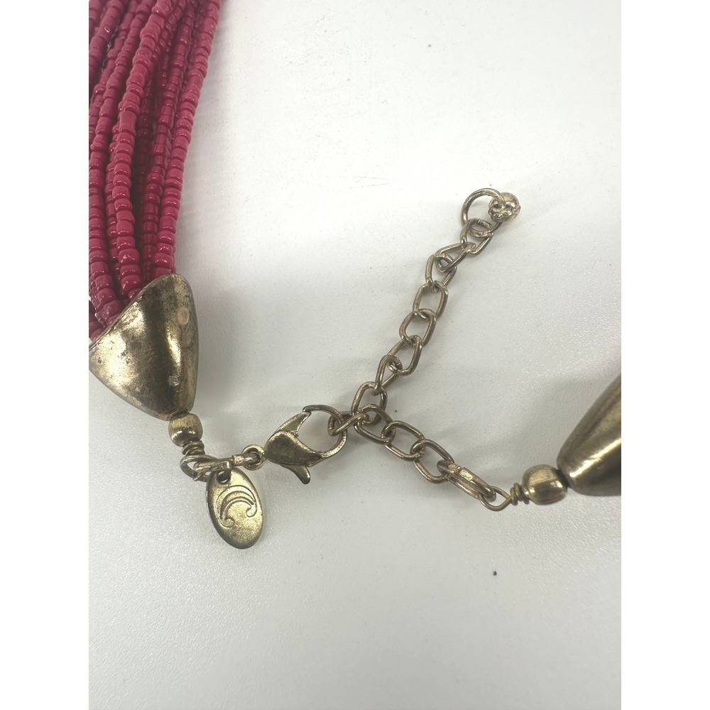 Coldwater Creek Magenta‎ Multi Strand Seed Bead Necklace Gold Ribbed Statement - Picture 4 of 7